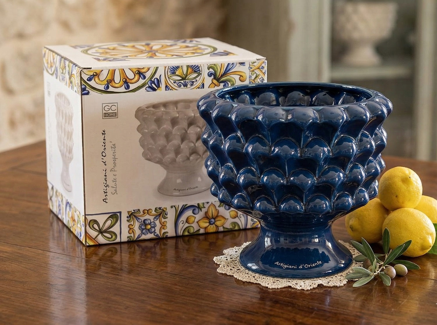 Vaso mezza pigna in ceramica porta fiori soprammobile colorato gic (20 x 18 CM ART 862496, Blu)