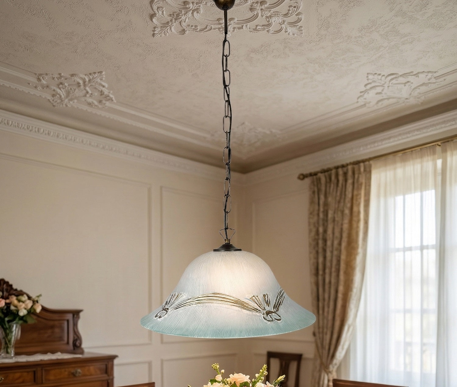 Lampadario a Sospensione Ingresso Classico in Vetro, 1 Luce, per Cucina, Bagno, Camera, Soggiorno, Scala, Corridoio art. tenda (VERDE)