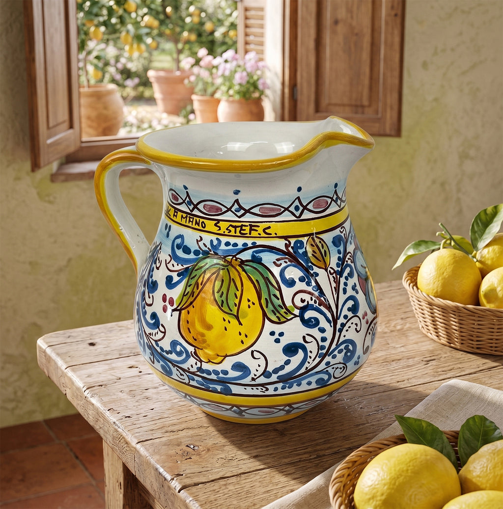 Caraffa in ceramica siciliana boccale realizzato e decorato a mano art. Fiore limoni 1 LT