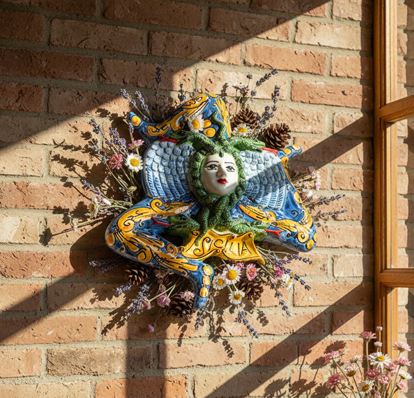 Sicilian Trinacria in Caltagirone ceramic made and decorated by hand D25cm 