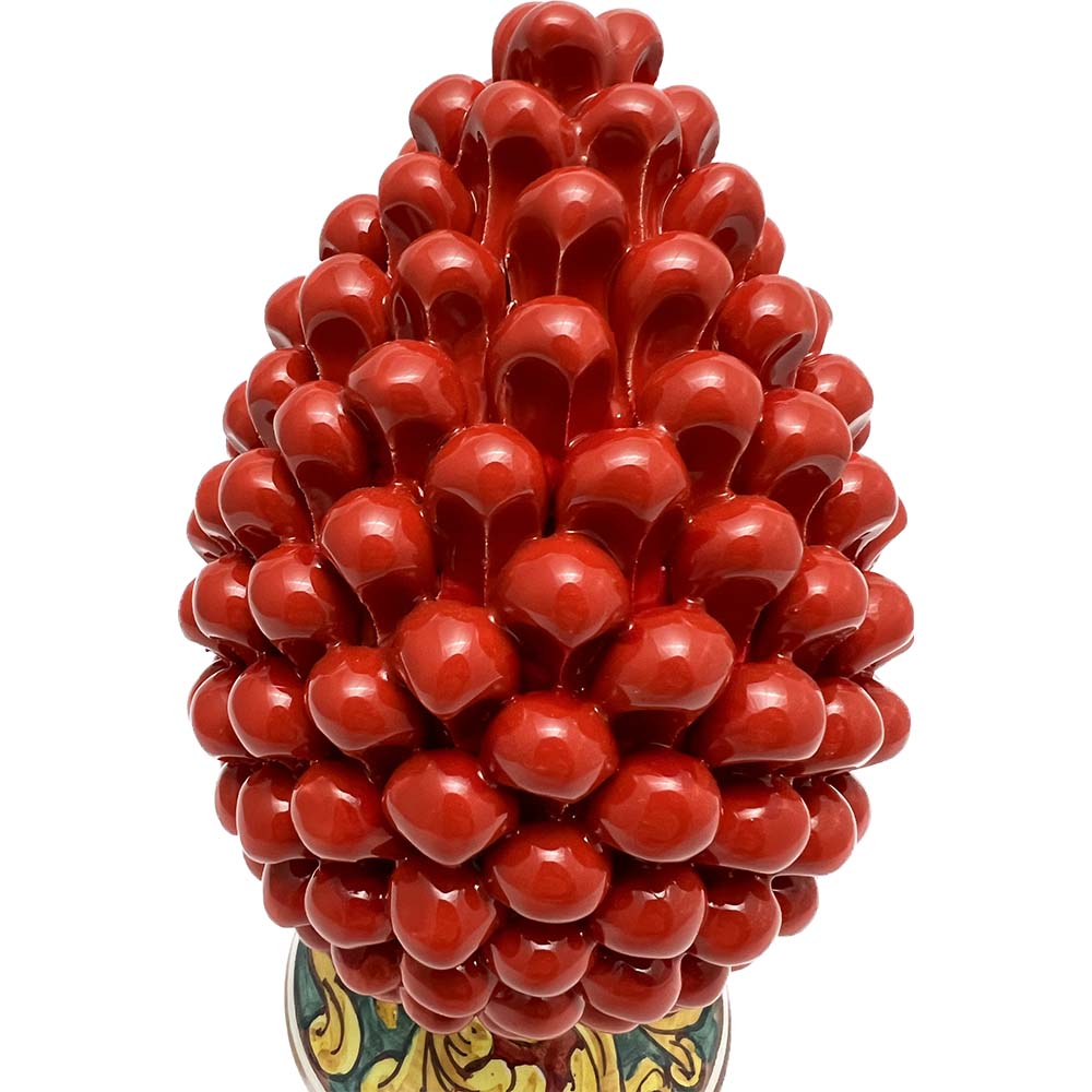 Pigna decorativa in ceramica di Caltagirone dipinta e decorata a mano rosso H 25 cm