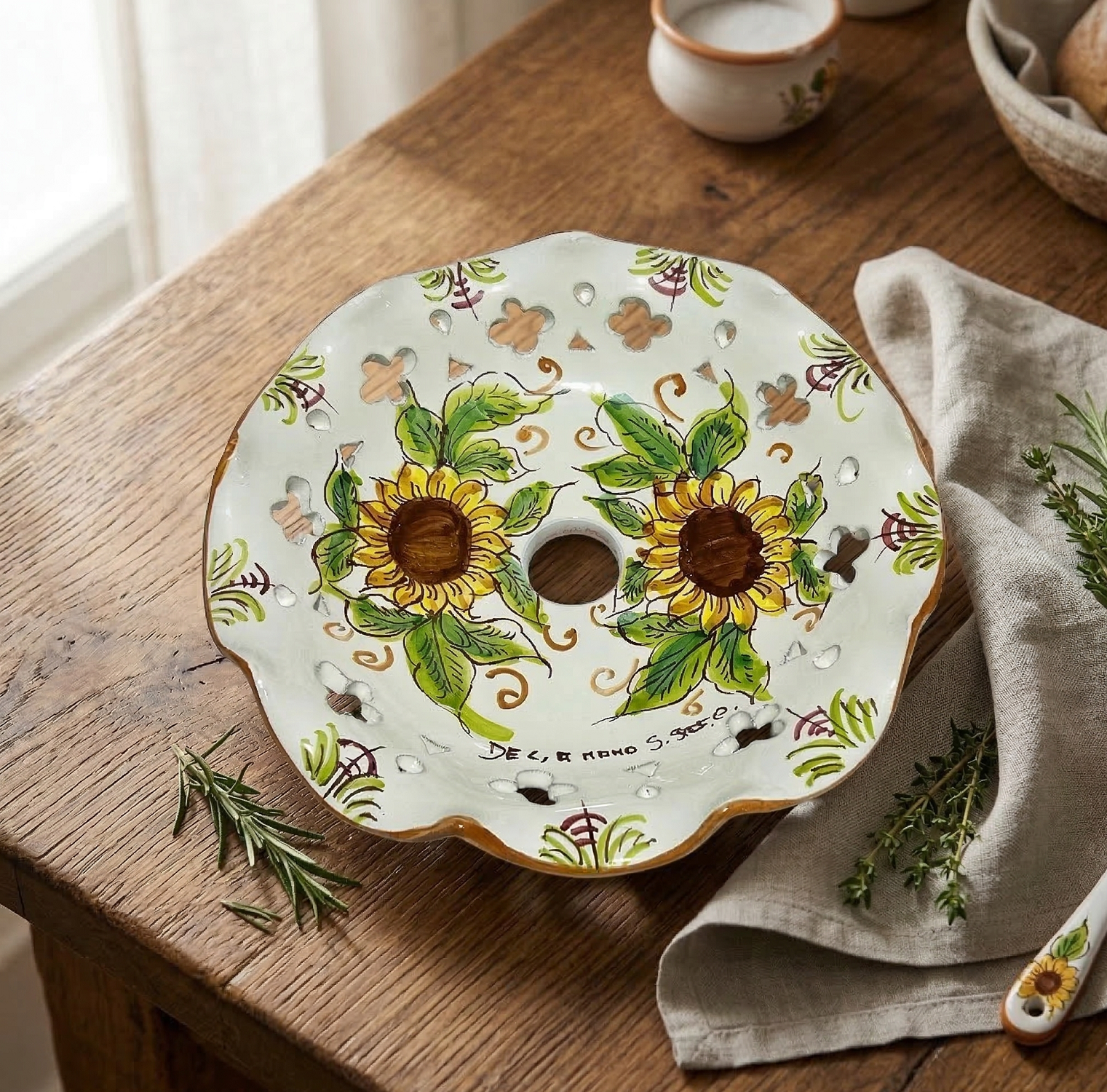 Piatto in ceramica per lampadario decorato realizzato e firmato a mano sospensione art. girasole