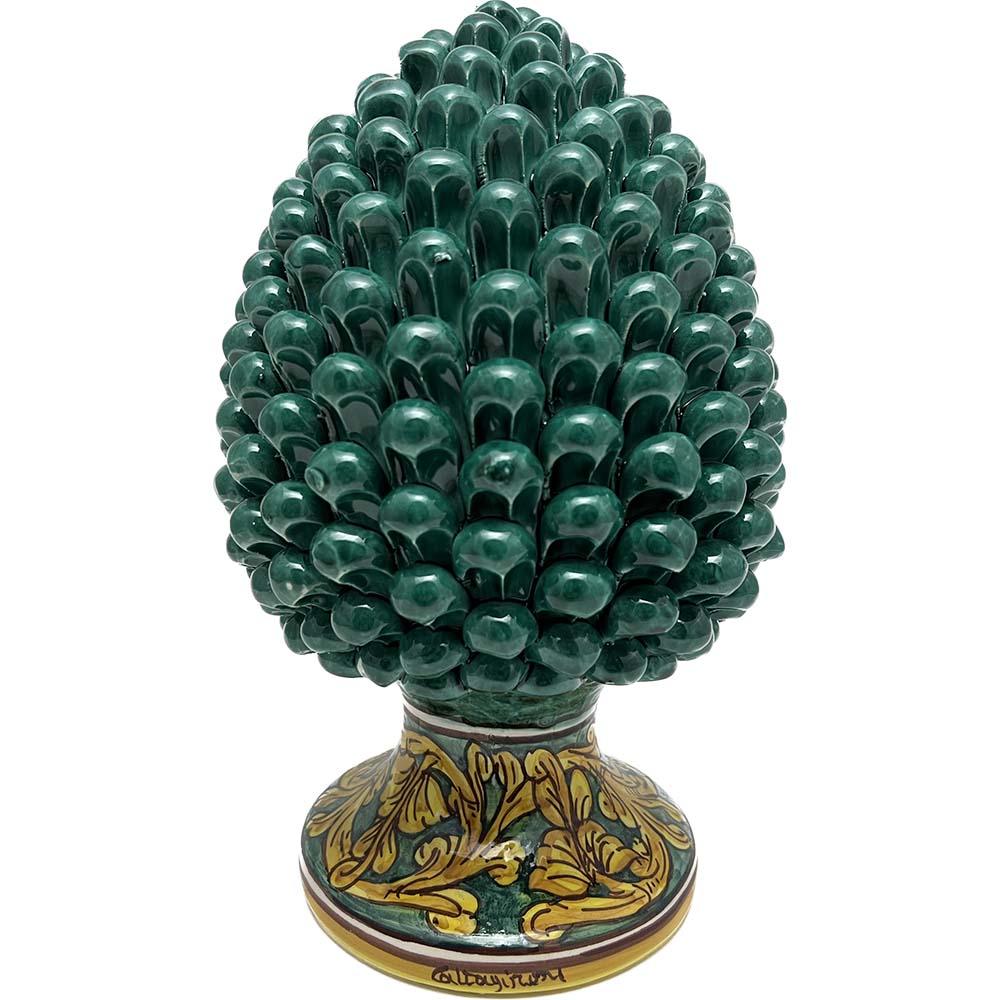 Pigna decorativa in ceramica di Caltagirone dipinta e decorata a mano verde H 30 cm