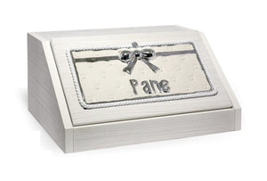 Portapane in legno e ceramica moderno elegante bianco e argento decorato coll. fiocco 22029FS