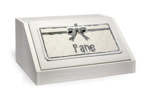 Portapane in legno e ceramica moderno elegante bianco e argento decorato coll. fiocco 22029FS