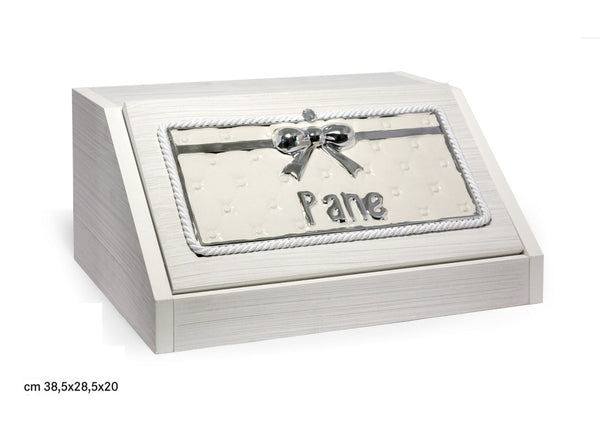 Portapane in legno e ceramica moderno elegante bianco e argento decorato coll. fiocco 22029FS