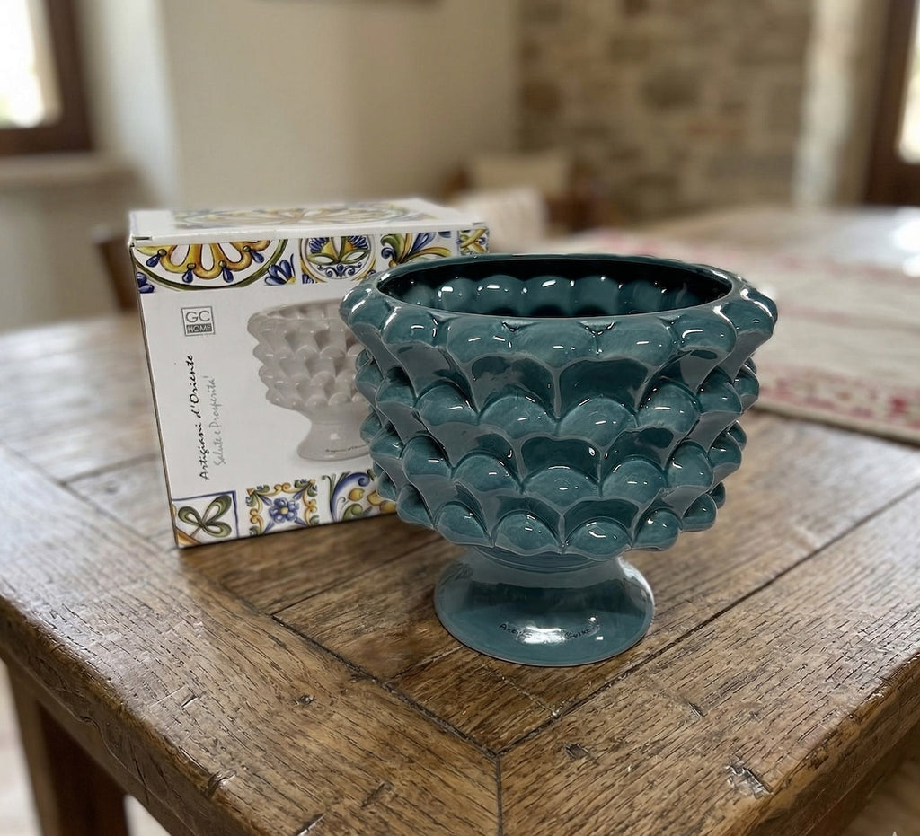 Sicilian pine cone dove gray silver base hand made and decorated resin h19cm VL