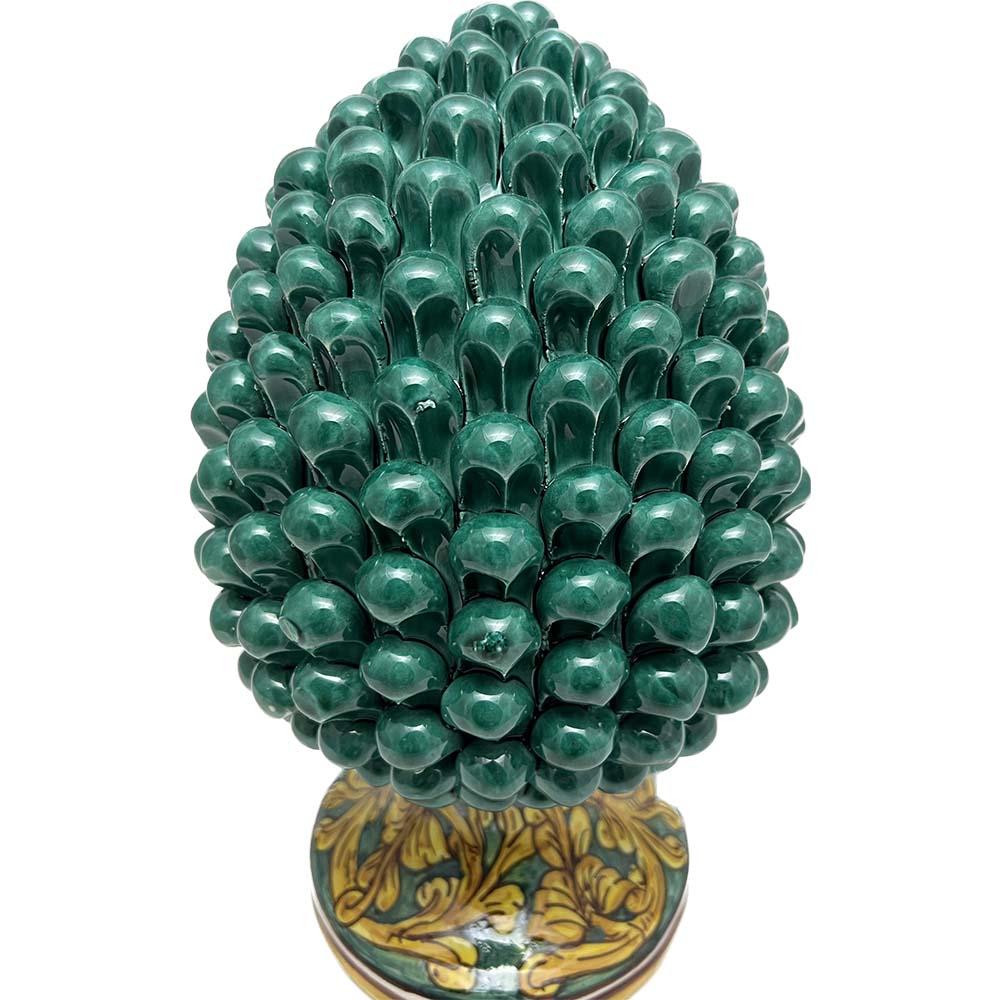 Pigna decorativa in ceramica di Caltagirone dipinta e decorata a mano verde H 30 cm