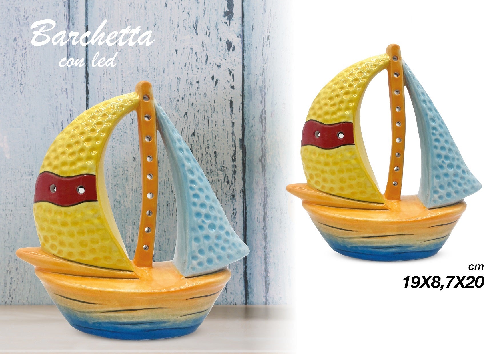 Decorazioni marine per interni in porcellana pesce, barchetta, ancora con led gdm (BARCHETTA 24084H)