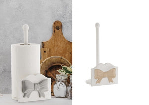 Portarotolo in legno e ceramica elegante bianco e tortora decorato coll. fiocco 24919WT