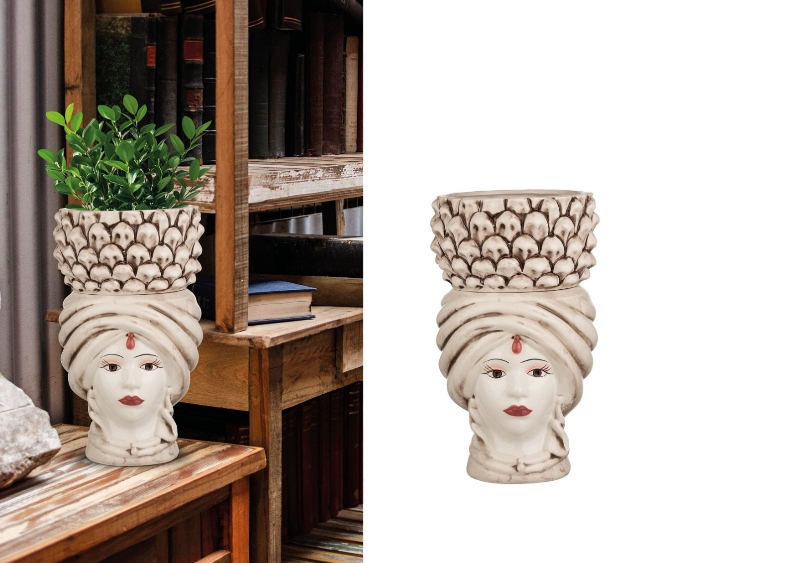 ILAB Pair of Moorish Heads Queen and King in Sicilian Ceramic Hand Decorated Blue and Gold Modern gic h25cm 