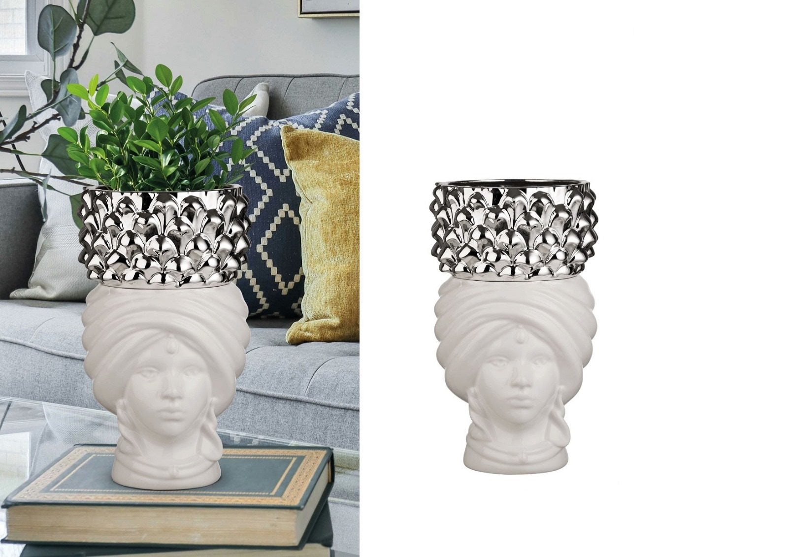 Vaso decorativo in ceramica testa di moro pigna portafiori, decorazione per la casa moderna gdm (BIANCO DONNA 25002MDS)