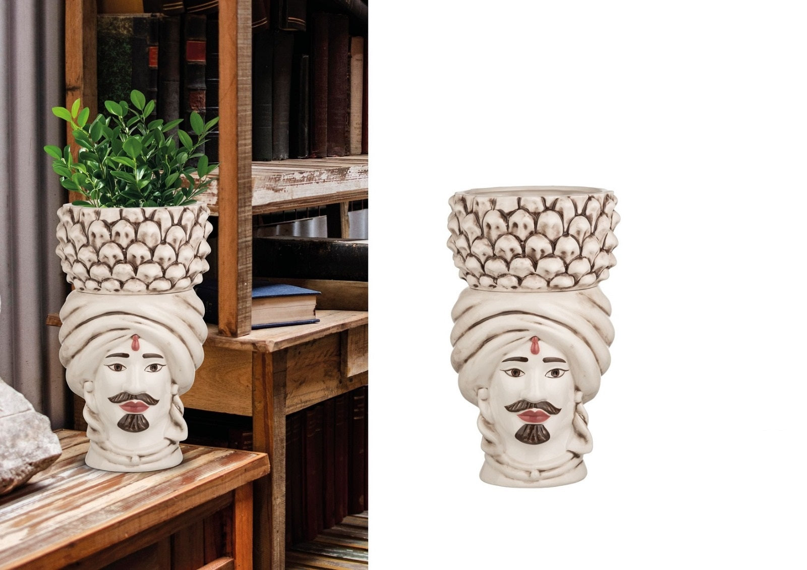 ILAB Pair of Moorish Heads Queen and King in Sicilian Ceramic Hand Decorated Blue and Gold Modern gic h25cm 