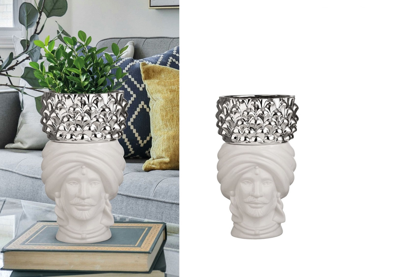 Vaso decorativo in ceramica testa di moro pigna portafiori, decorazione per la casa moderna gdm (BIANCO UOMO 25002MUS)