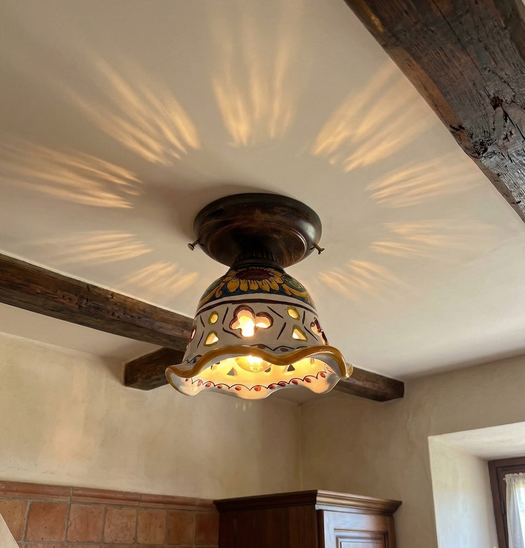 Plafoniera Spot da Soffitto, 1 Luce, Ferro Battuto e Ceramica Siciliana, Cucina, Bagno e Veranda D 15 art. candida