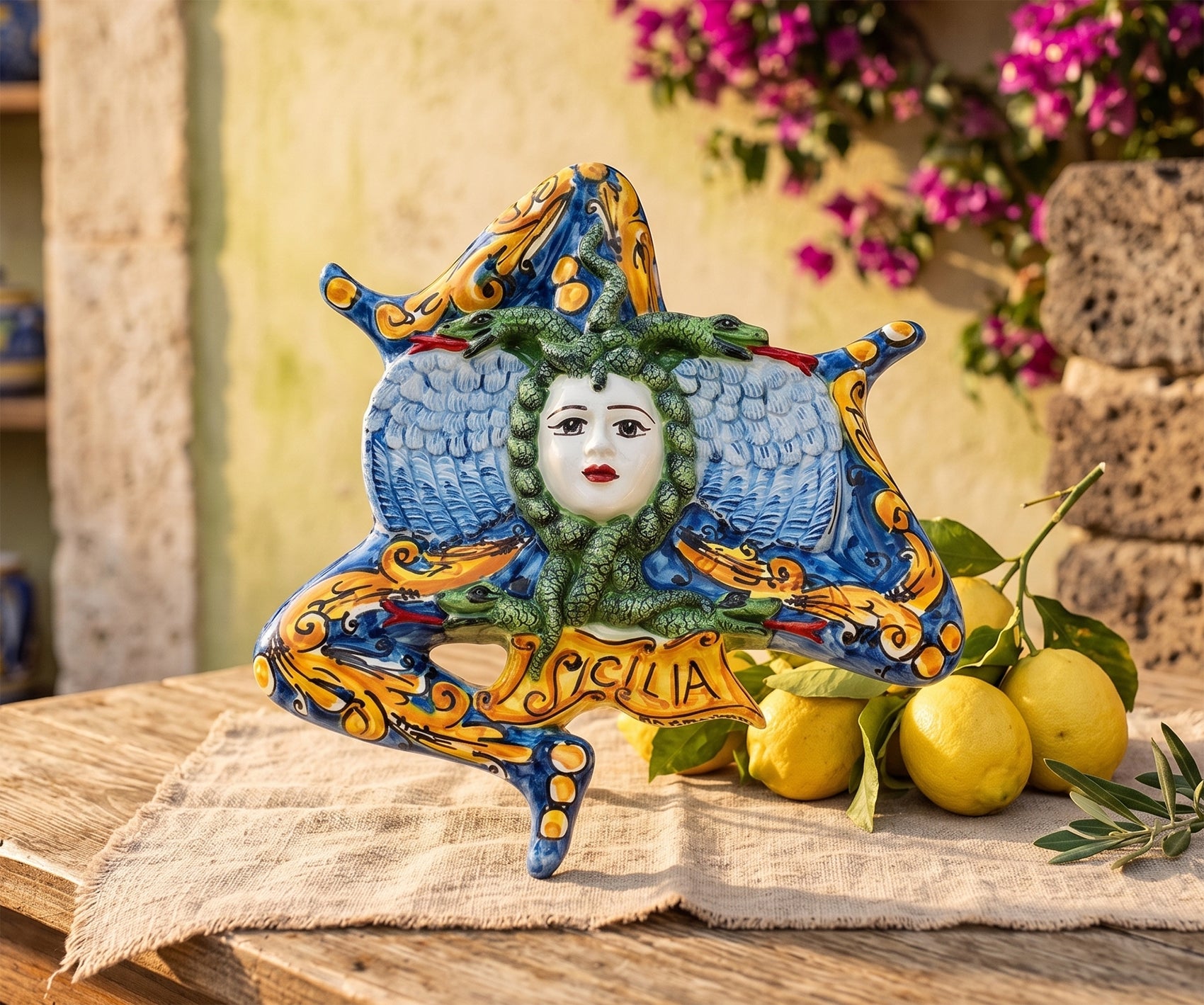 Caltagirone ceramic Sicilian Trinacria, handmade and hand-decorated, D 28 cm