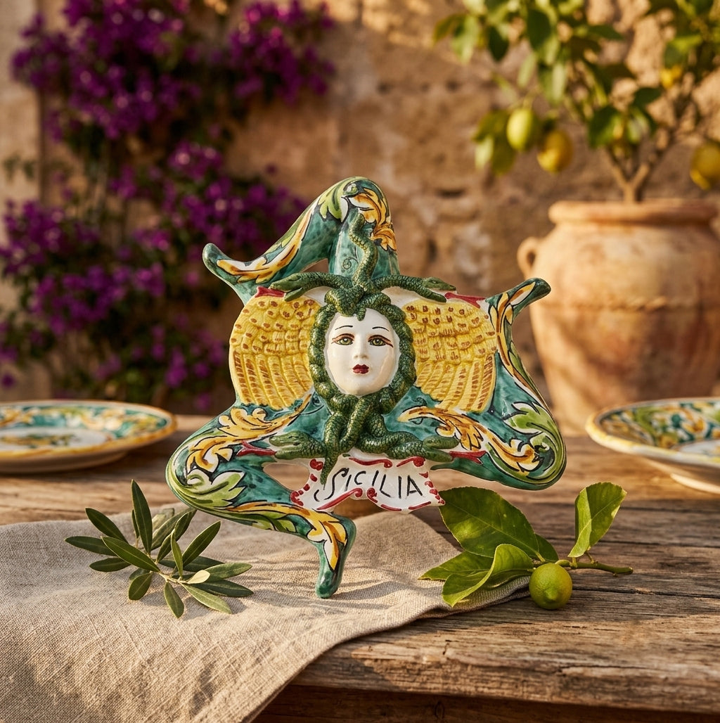 Trinacria siciliana in ceramica di Caltagirone realizzata e decorata a mano verde D 28 cm