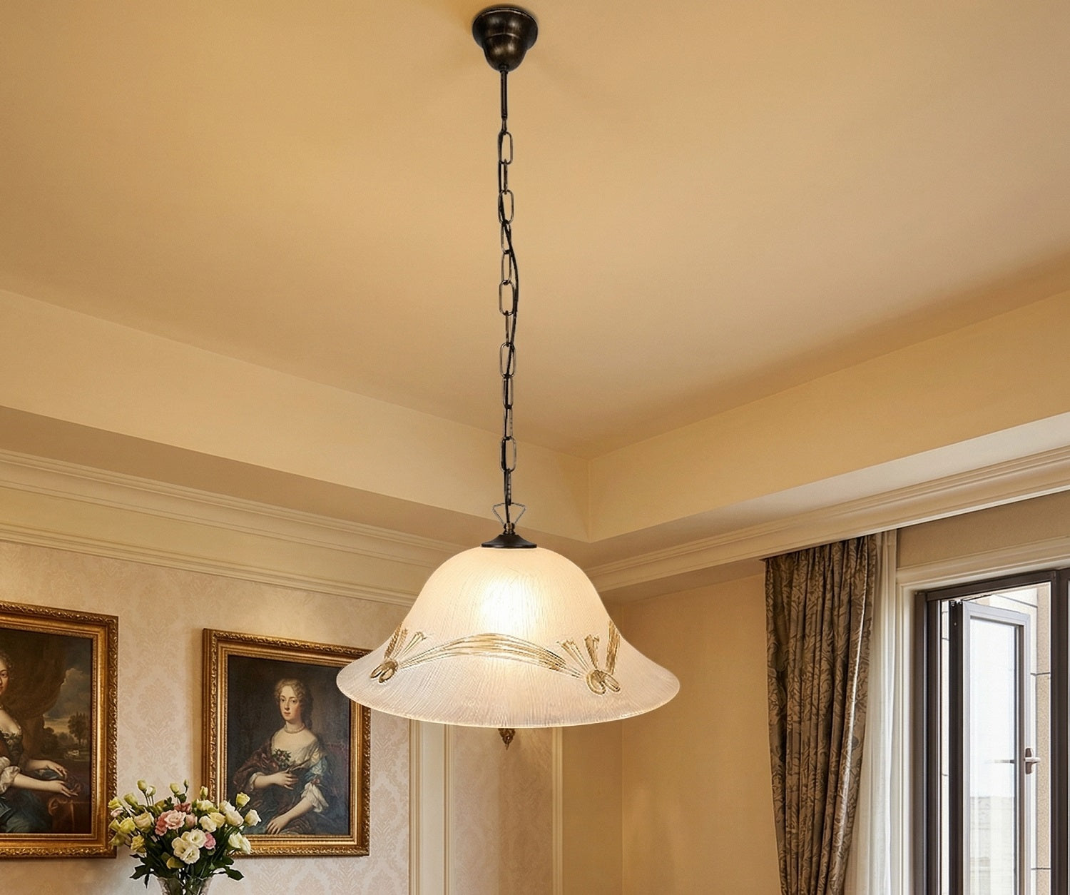 Lampadario a Sospensione Ingresso Classico in Vetro, 1 Luce, per Cucina, Bagno, Camera, Soggiorno, Scala, Corridoio art. tenda (AMBRA)