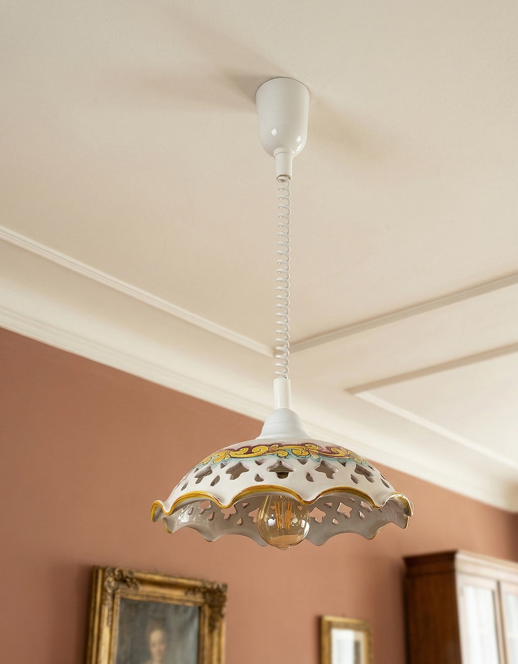 Lampadario a sospensione 1 luce saliscendi con ceramica realizzata e decorata artigianalmente coll. giulia (GIULIA)