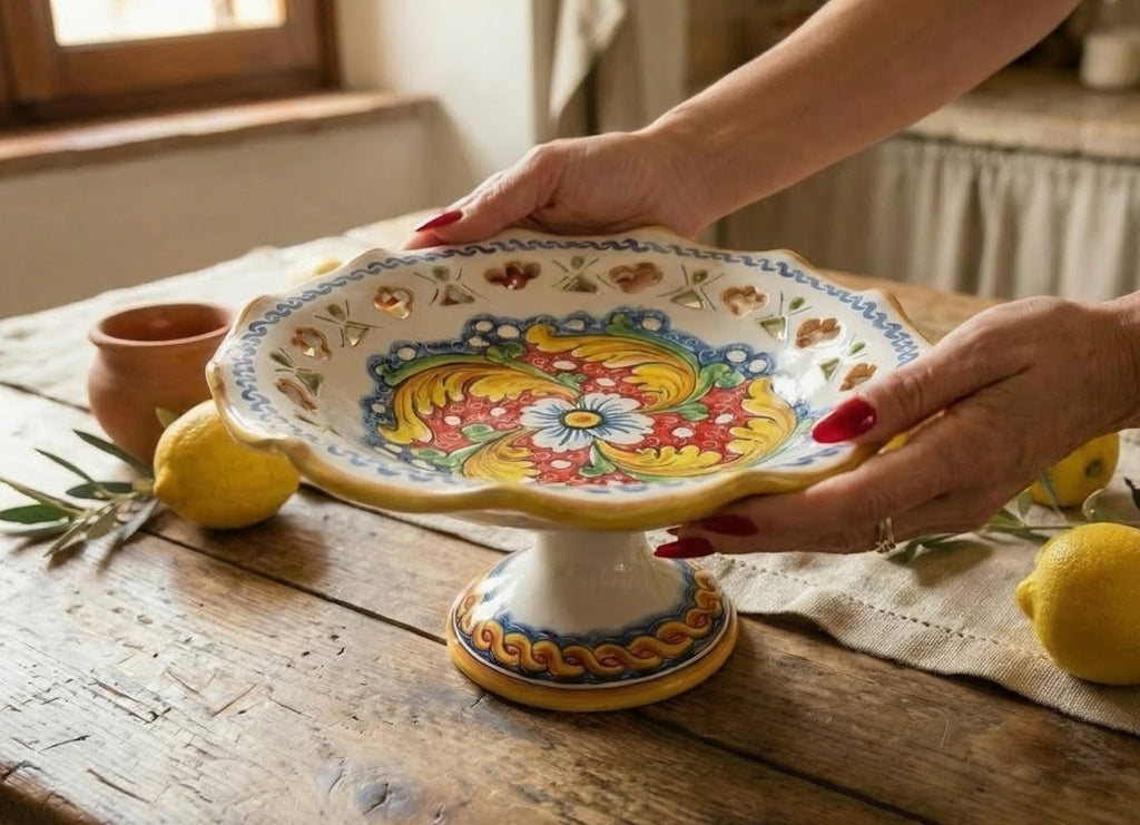 Large ceramic centerpiece decorated by hand by Sicilian ceramists red flower art 3