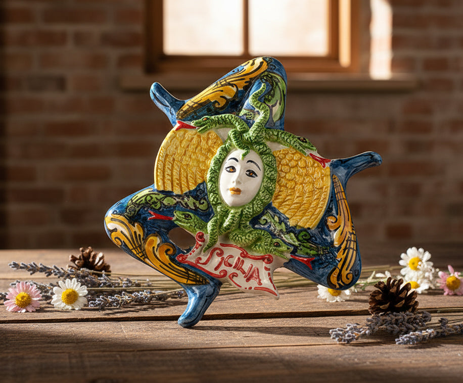 Trinacria siciliana in ceramica di Caltagirone realizzata e decorata a mano D 18 cm