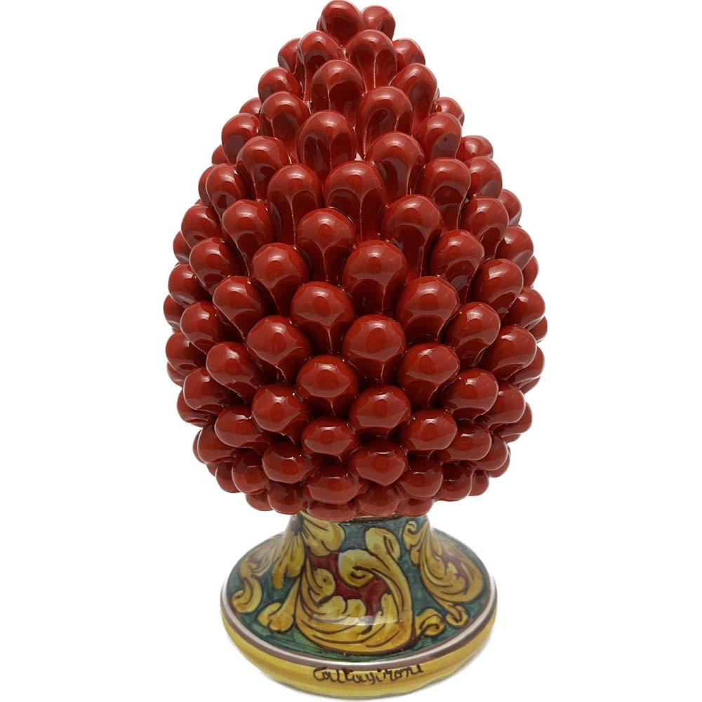 Pigna decorativa in ceramica di Caltagirone dipinta e decorata a mano rosso H 25 cm