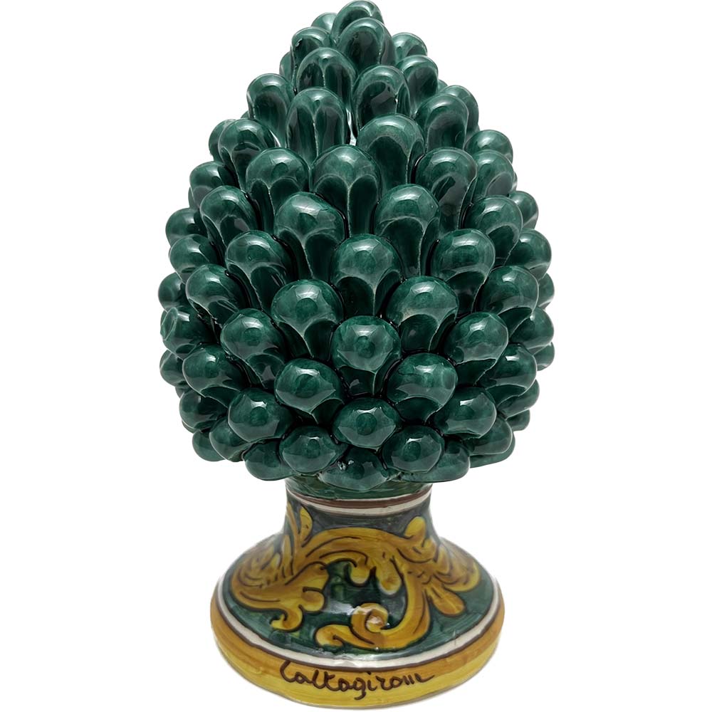 Pigna decorativa in ceramica di Caltagirone dipinta e decorata a mano verde H 21 cm