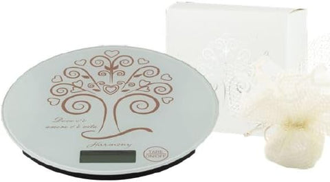 Bomboniera matrimonio bilancia da cucina rotonda con decoro albero della vita harmony SNVT22178