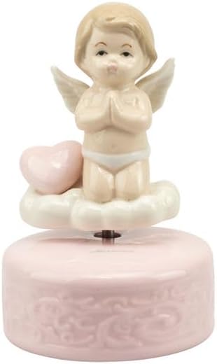 Bomboniera nascita battesimo carillon angelo con cuore su nuvola in porcellana rosa e bianco harmony PRNB24116