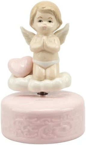 Bomboniera nascita battesimo carillon angelo con cuore su nuvola in porcellana rosa e bianco harmony PRNB24116