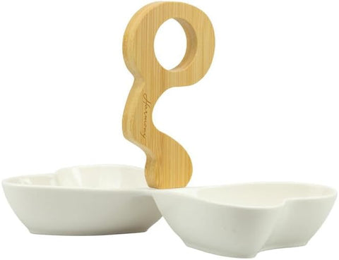 Bomboniera matrimonio antipastiera doppio cuore in porcellana e bamboo bianco harmony PRMT24014
