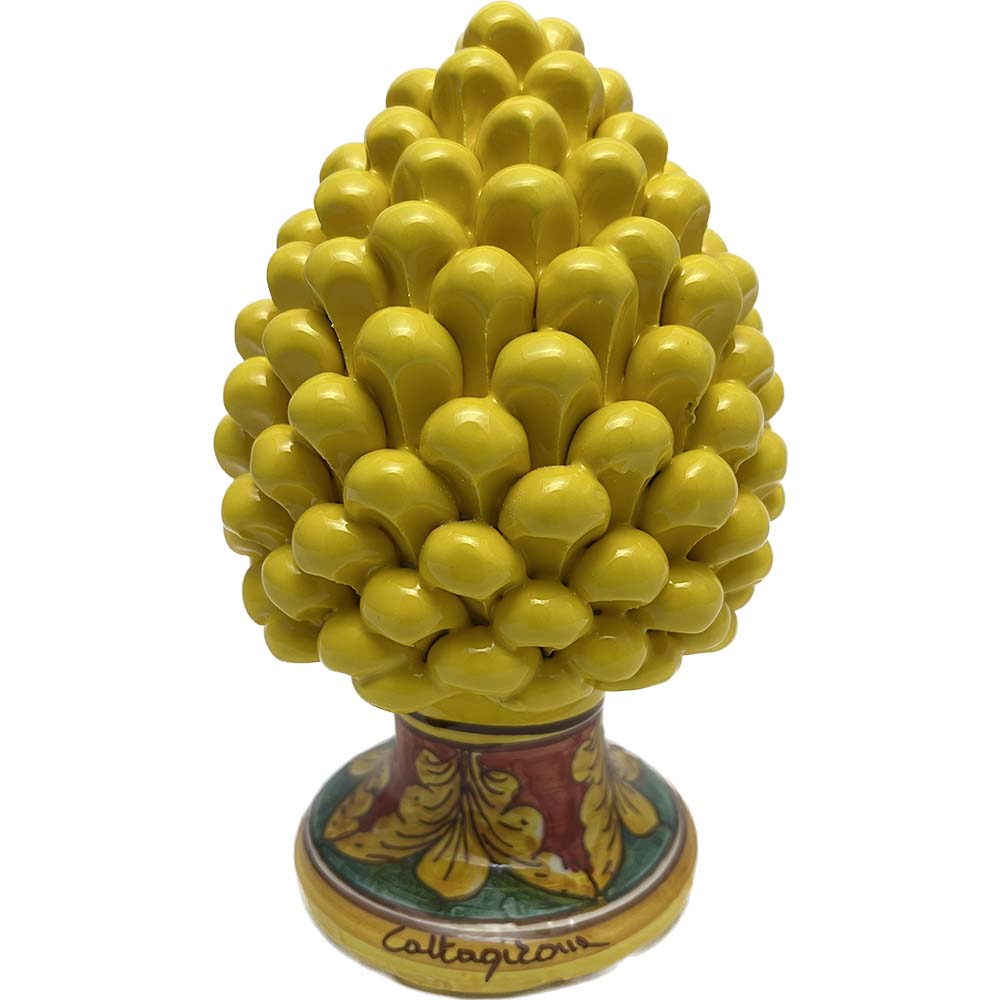 Pigna decorativa in ceramica di Caltagirone dipinta e decorata a mano giallo H 21 cm