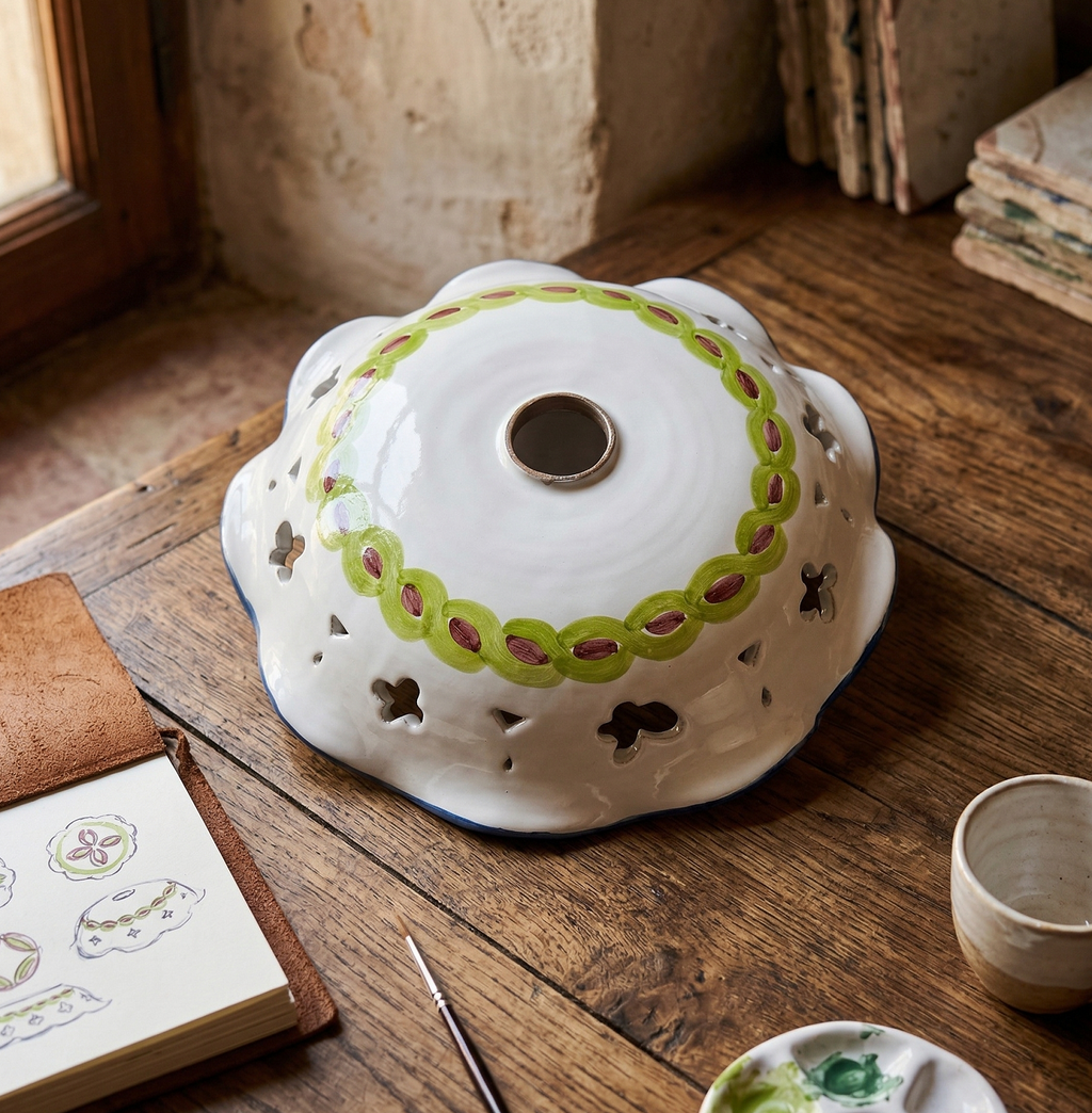 Piatto in ceramica per lampadario decorato realizzato e firmato a mano sospensione art. fiore