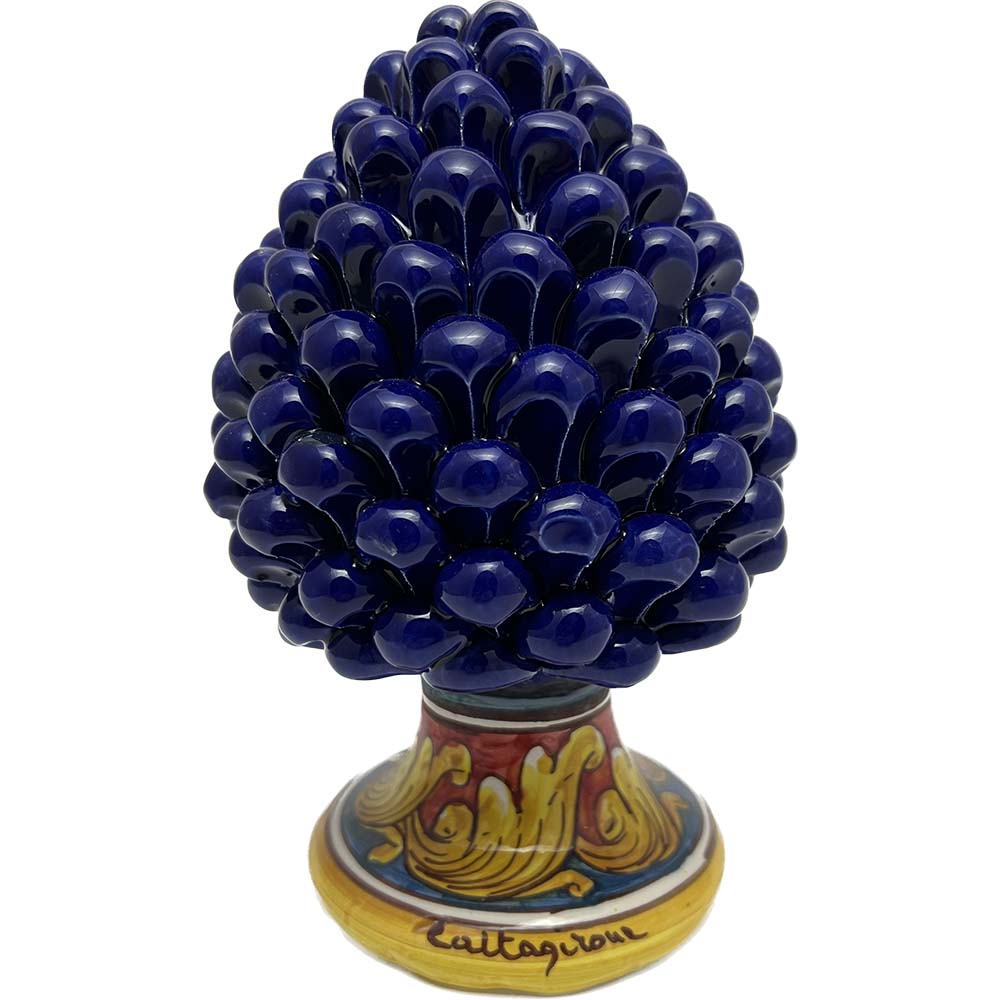 Hand-painted and decorated blue ceramic decorative pine cone from Caltagirone, H 21 cm