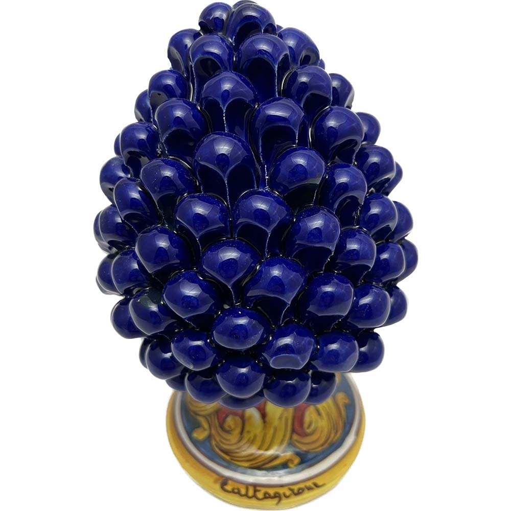 Hand-painted and decorated blue ceramic decorative pine cone from Caltagirone, H 21 cm