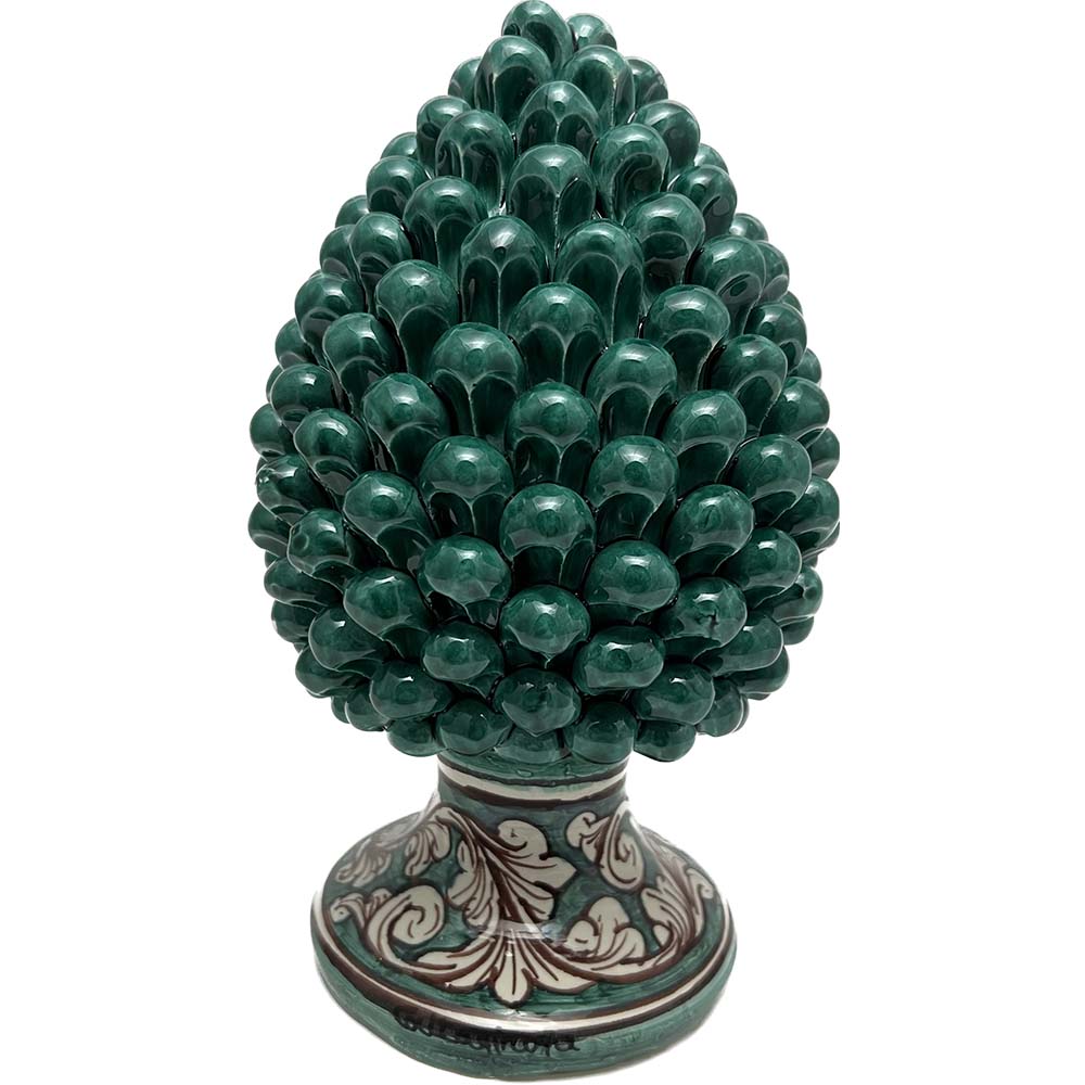 Pigna decorativa in ceramica di Caltagirone dipinta e decorata a mano verde H 25 cm