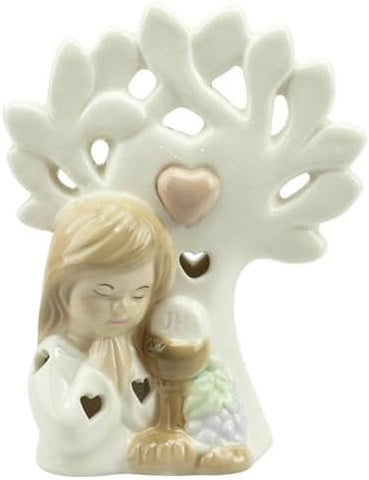 Bomboniera comunione bimba albero della vita a led in porcellana bianco e tortora harmony PRCM24118