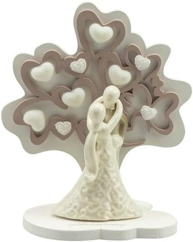 Bomboniera matrimonio albero della vita con coppia in porcellana bianco e tortora harmony PRMT24193