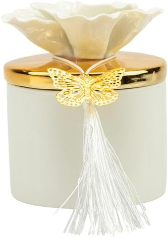 Bomboniera matrimonio scatola in porcellana decorata con candela profumata bianco e oro harmony PRMT24003