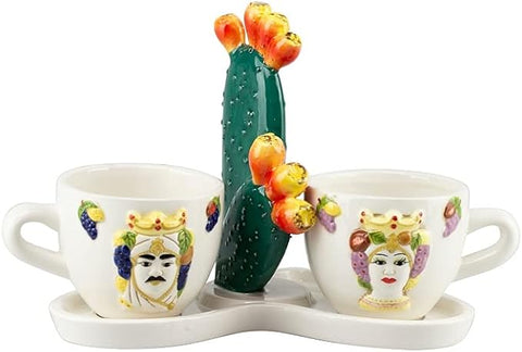 Bomboniera matrimonio set tazzine caffè con manico e vassoio in ceramica siciliana harmony art PRMT21409