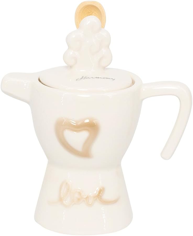 Bomboniera matrimonio zuccheriera a caffettiera in porcellana bianco e tortora decorata harmony PRMT23244