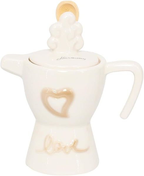 Bomboniera matrimonio zuccheriera a caffettiera in porcellana bianco e tortora decorata harmony PRMT23244
