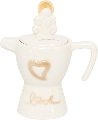 Bomboniera matrimonio zuccheriera a caffettiera in porcellana bianco e tortora decorata harmony PRMT23244