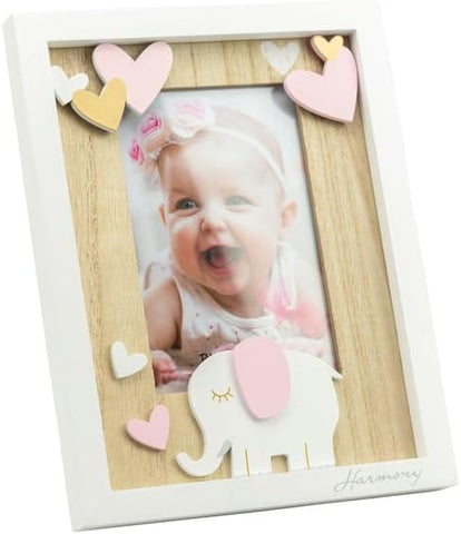 Bomboniera nascita battesimo portafoto decorato con elefante e cuori in legno rosa e bianco harmony ARNB24016