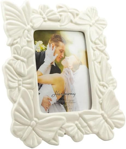 Porta foto con farfalle in porcellana bianco bomboniera per matrimonio, comunione, cresima Harmony S2682P