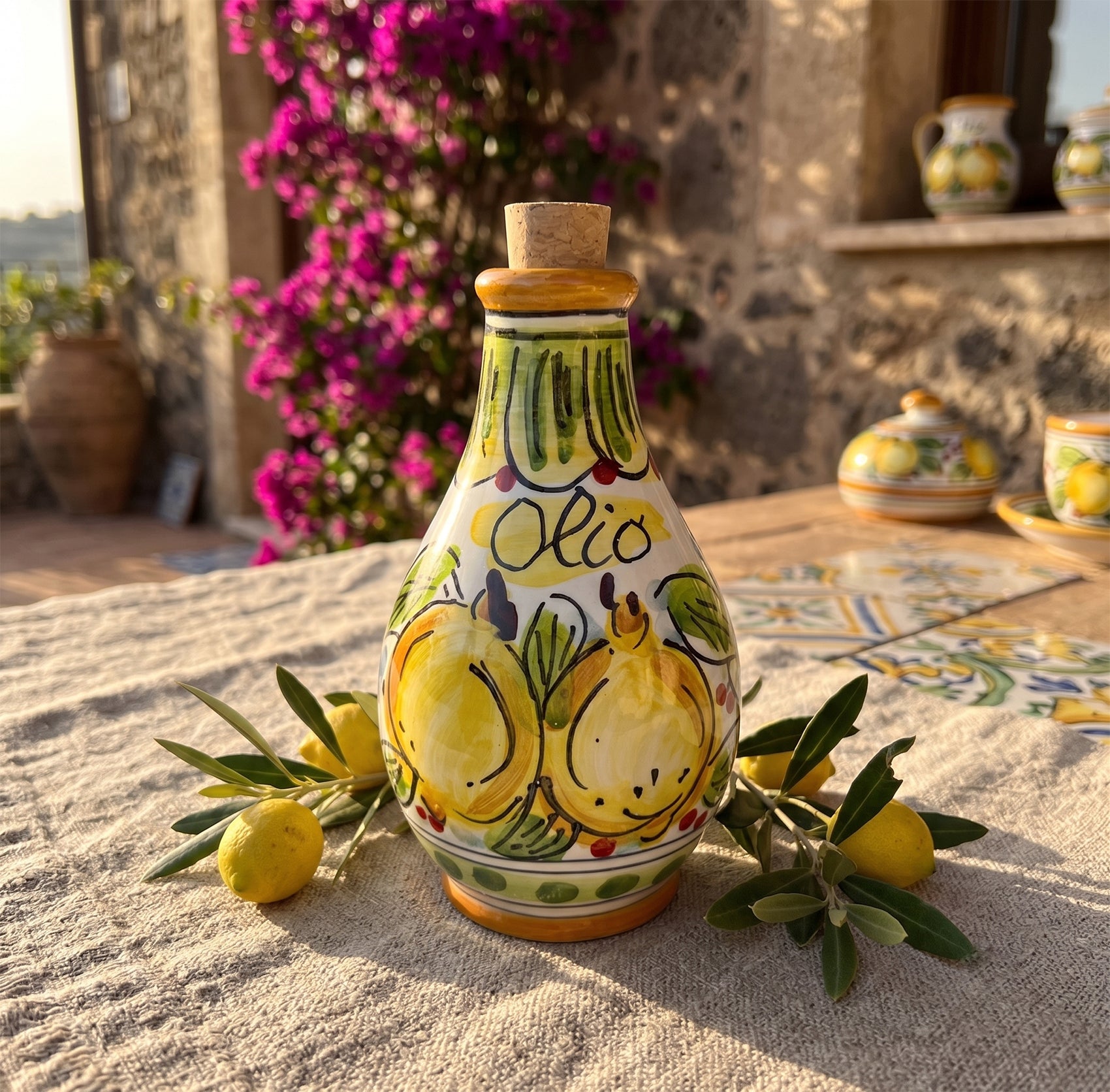 Oliera in ceramica siciliana di Caltagirone decorata a mano tappo in sughero
