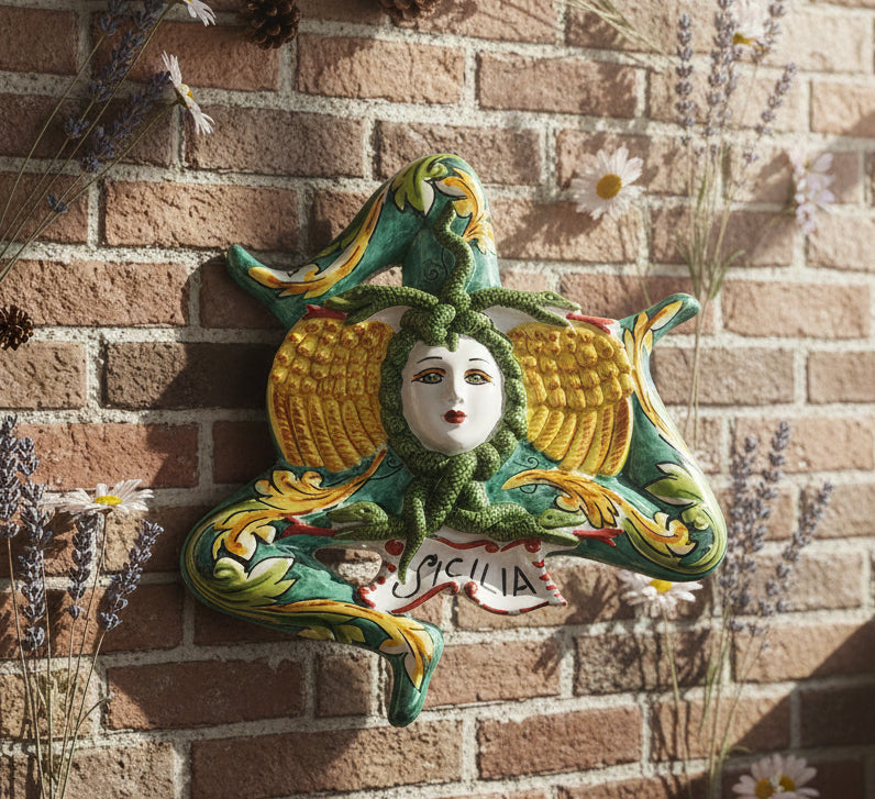 Sicilian Trinacria in Caltagirone ceramic made and decorated by hand D25cm 
