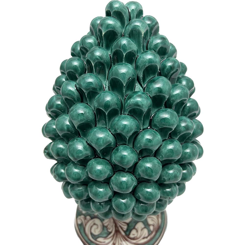 Pigna decorativa in ceramica di Caltagirone dipinta e decorata a mano verde H 25 cm