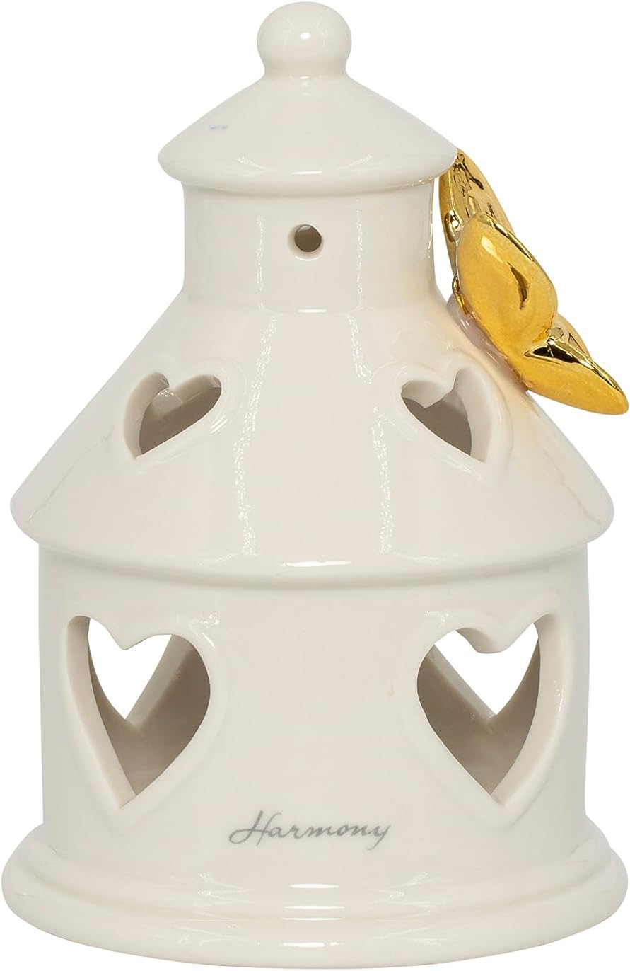 Bomboniera matrimonio con led lanterna in porcellana decorata bianco e oro harmony PRMT23041