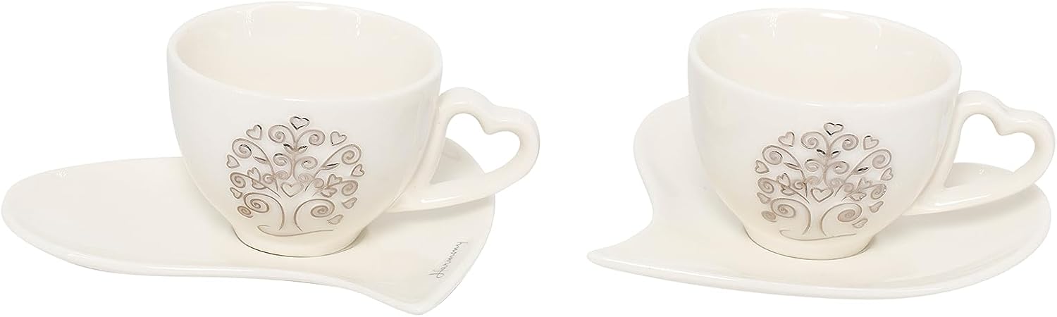 Bomboniera matrimonio set tazzine da caffè con piattino cuore in porcellana bianco decorato harmony PRMT23256